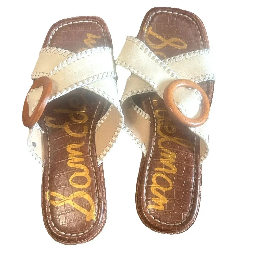 Sam Edelman Harlie Womens 8M Leather Crisscross Ivory Brown Slides Sandals